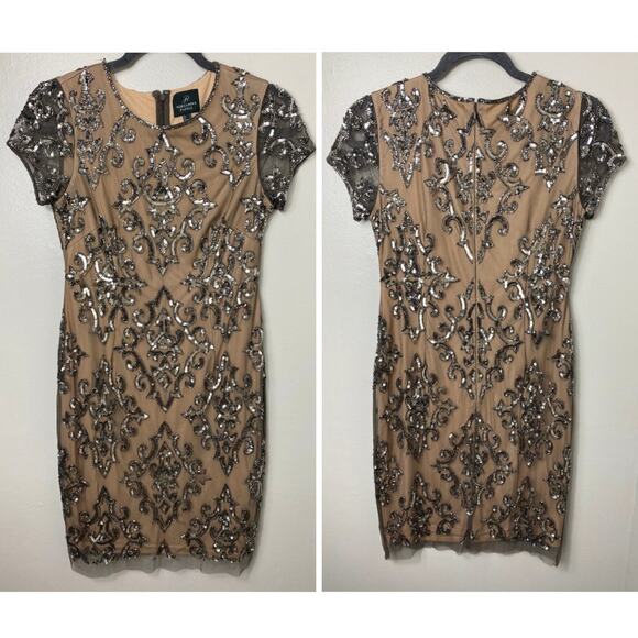 ADRIANNA PAPELL DRESS 2 SEQUIN BEADED MESH SHEER TAN NUDE SILVER MINI COCKTAIL - Picture 3 of 16